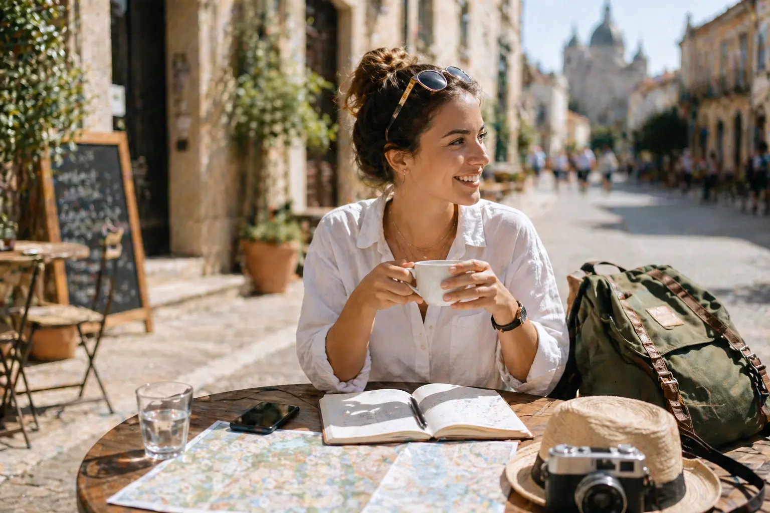 woman enjoying solo travel at a local café