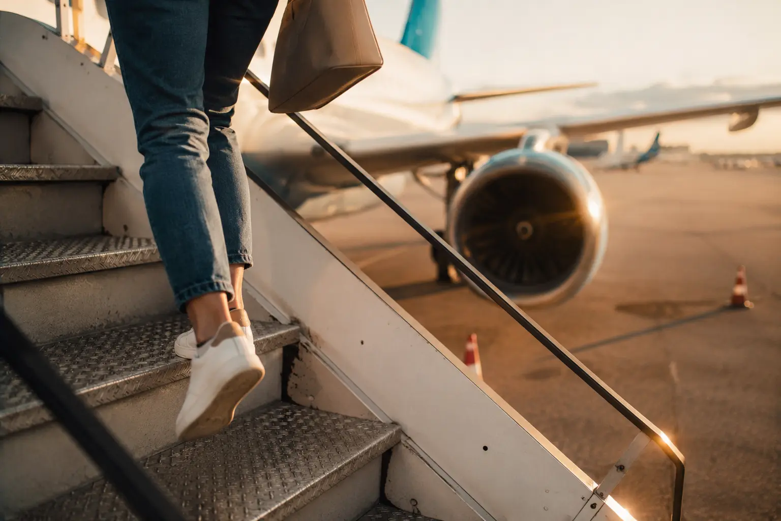 Woman climbing airplane stairs before her first trip to Paris