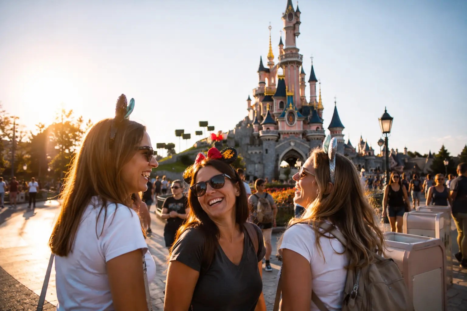 Three women smiling in front of Sleeping Beauty Castle at Disneyland Paris for adults