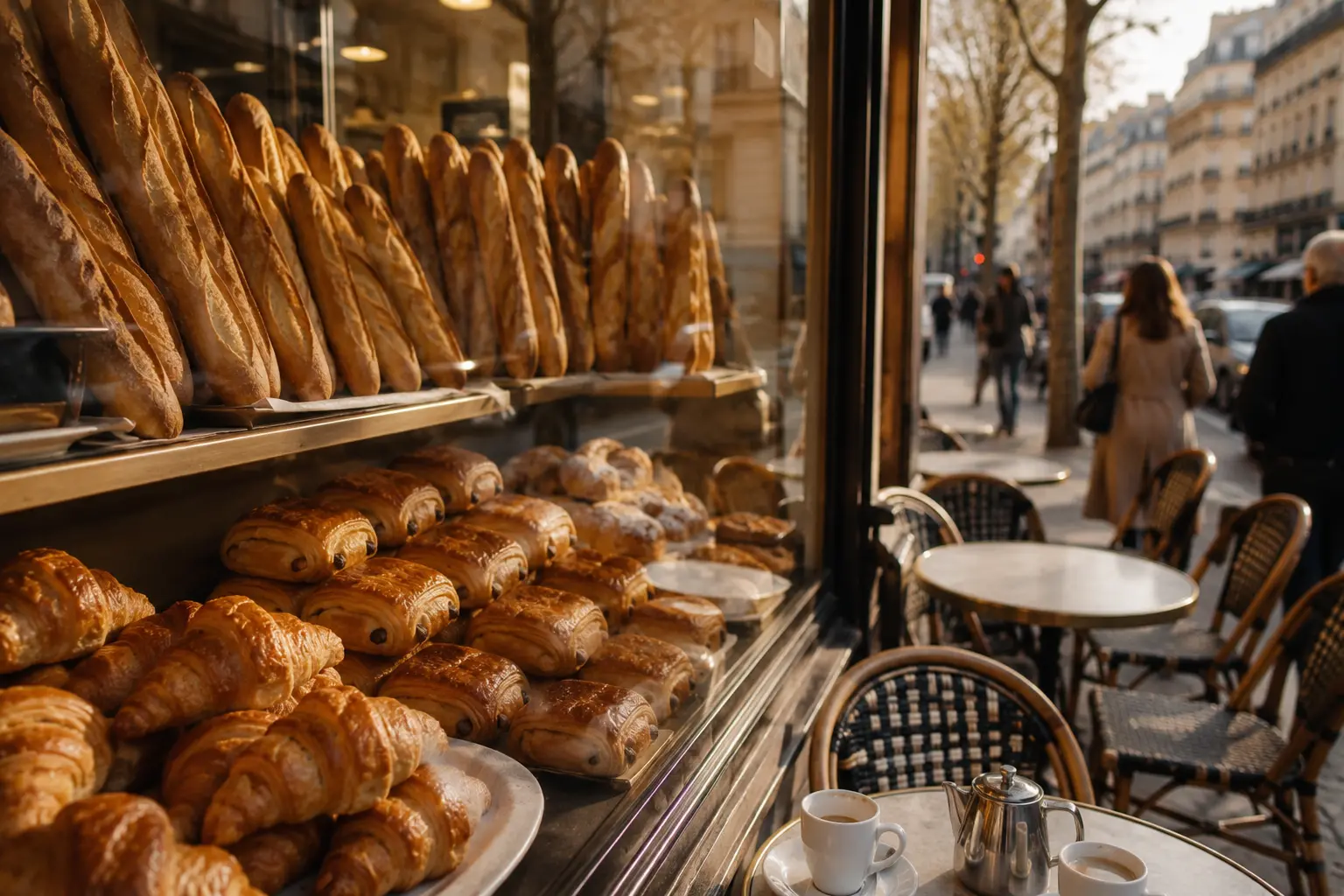 Croissants and pastries in a window at one of the Paris bakeries and cafes