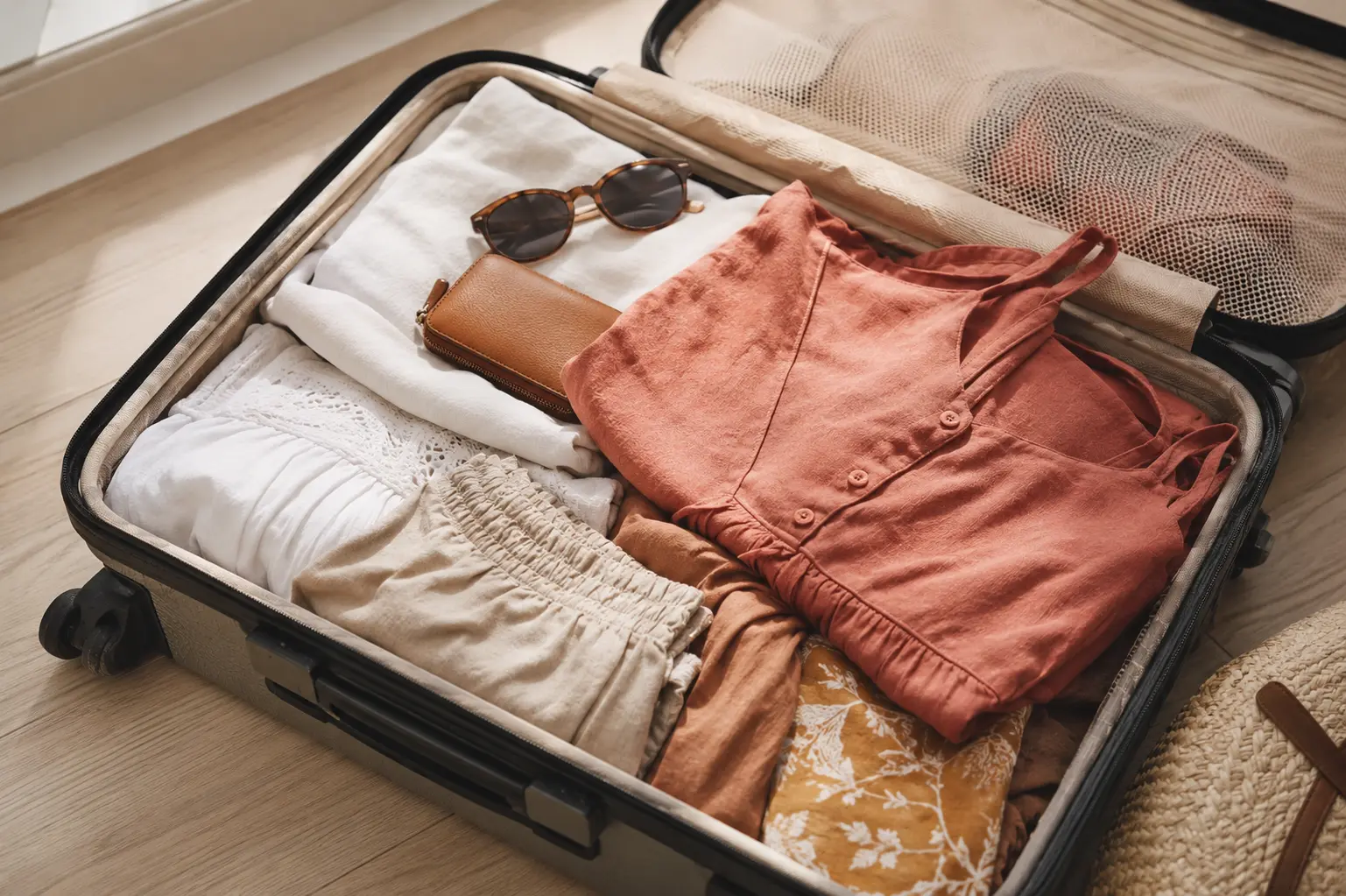 Open carry-on suitcase packed with folded summer clothes, sunglasses, and a wallet for a 10-day solo trip