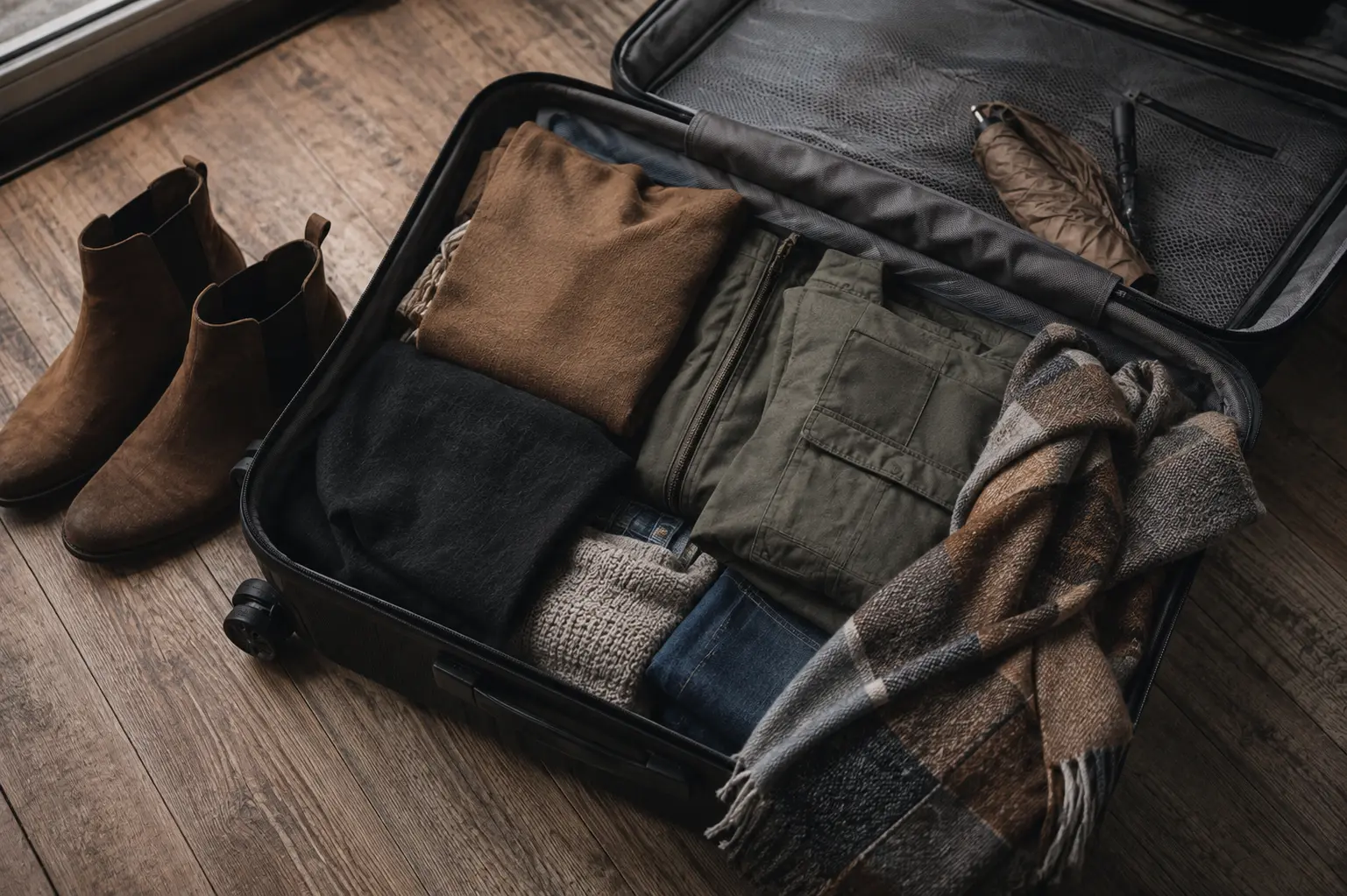 Open carry-on suitcase packed with folded fall layers, a scarf, and ankle boots for a 10-day solo trip