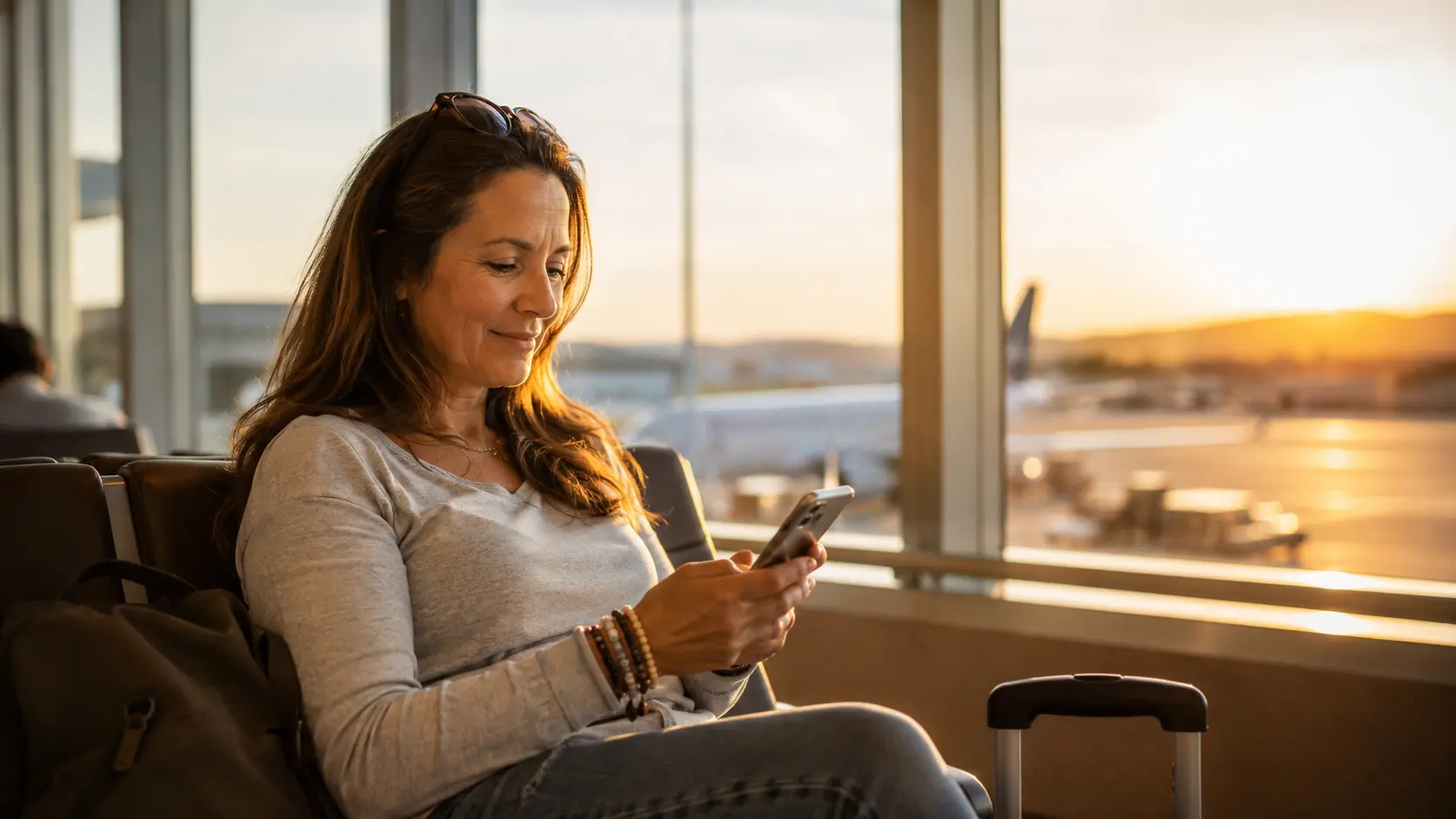 solo female traveler checking her phone abroad using an eSIM