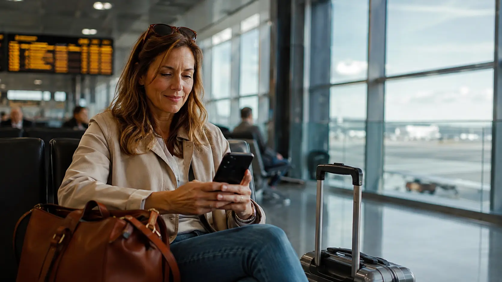 solo female traveler checking her travel insurance policy on her phone abroad