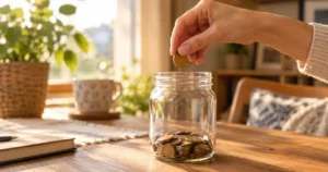 A hand dropping coins into a jar, one small habit that helped save money for a solo trip