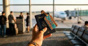 A hand holding a passport at the airport, a simple way to start with travel rewards for beginners