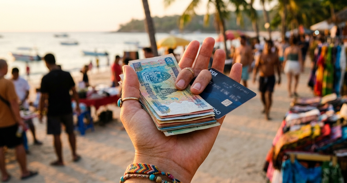 A hand holding both local cash and a bank card while traveling abroad