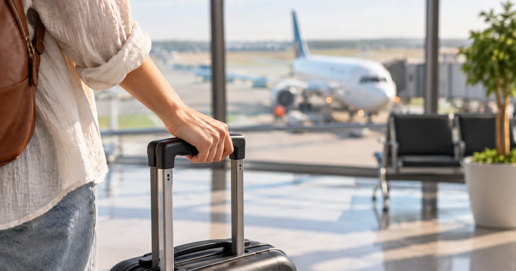 A woman's hand holding a suitcase handle at the airport, thinking about whether travel insurance is worth it