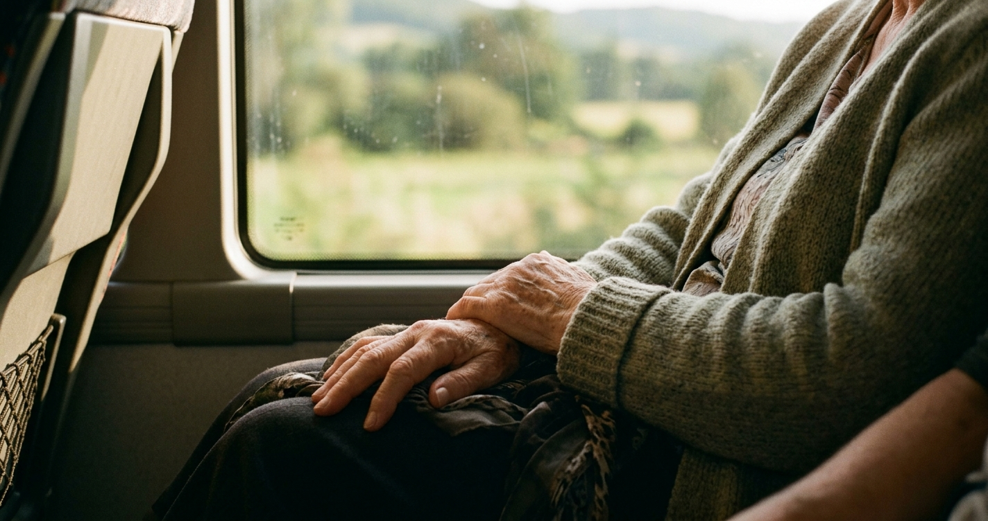 An elderly woman's hands resting by a bus window, illustrating the travel fear nobody talks about