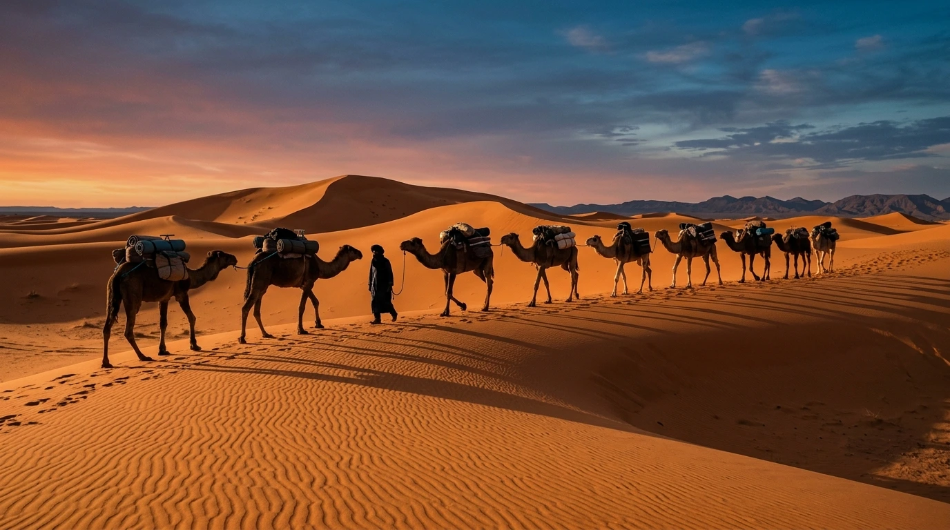 Solo trip to Marrakech desert trek: camel caravan crossing Sahara dunes near Merzouga at sunset