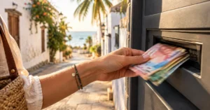 Close-up of a hand withdrawing cash from an ATM in Zanzibar, showing the hidden ATM fees travelers often miss.