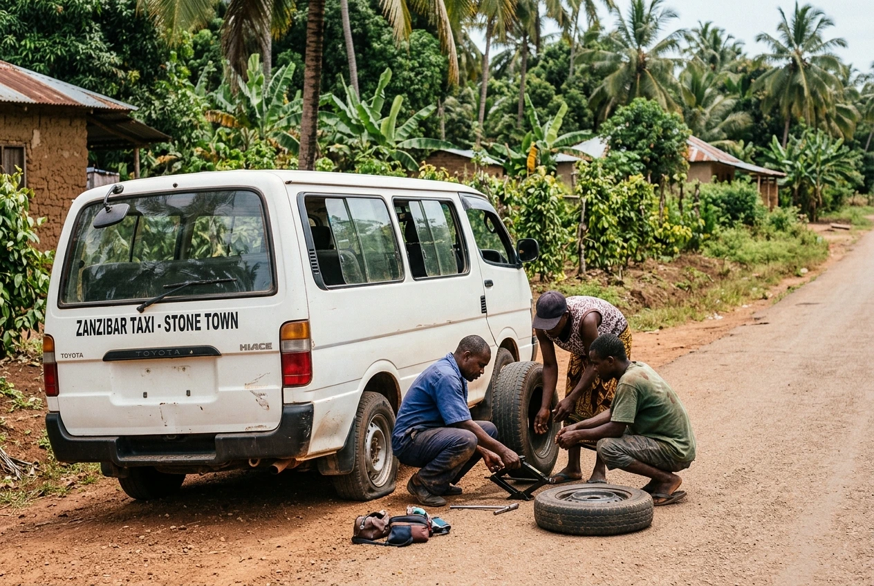 Driver changing a flat tire on a prearranged airport transfer van in Zanzibar