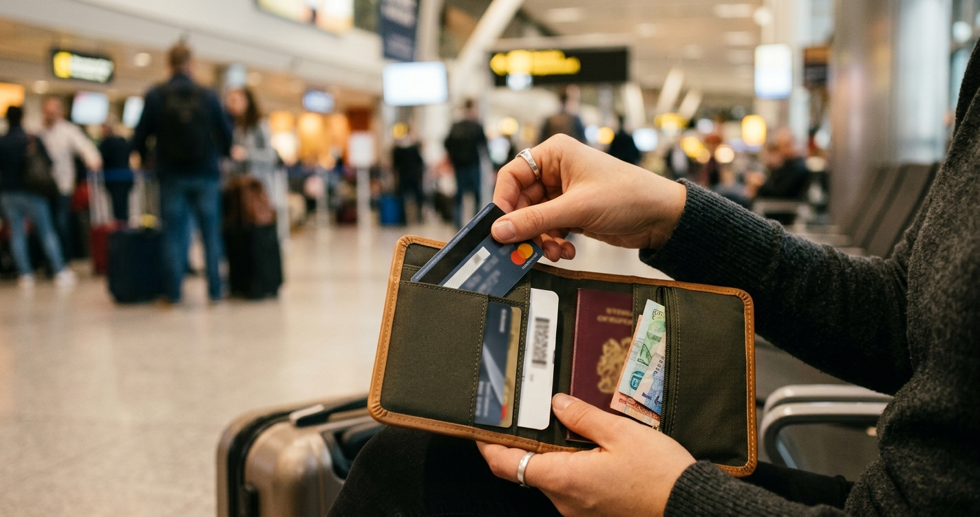 Hands packing a travel money checklist essentials, bank card and local currency, before a trip
