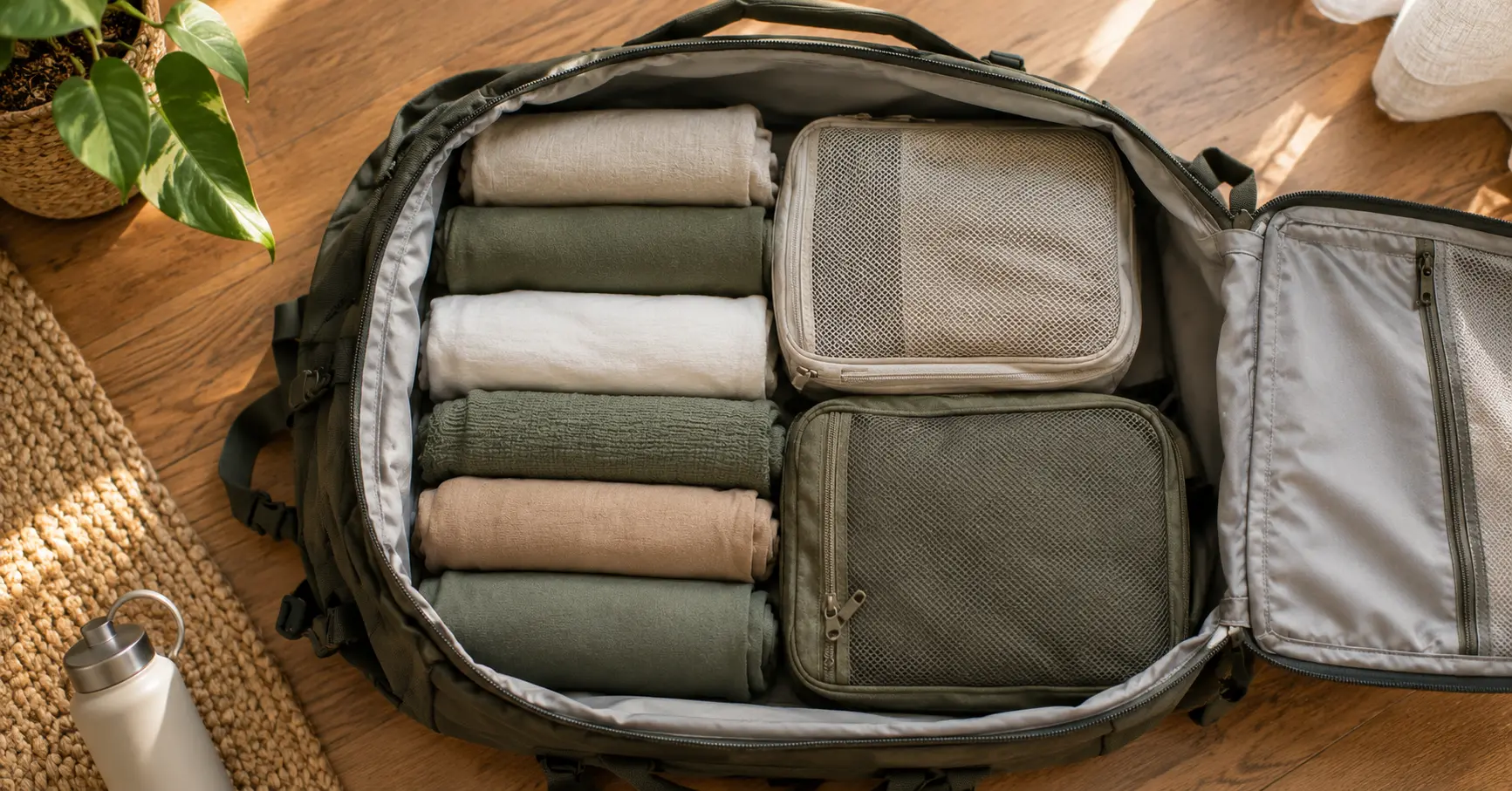 Nomatic Travel Pack backpack packed with compression packing cubes for a solo trip