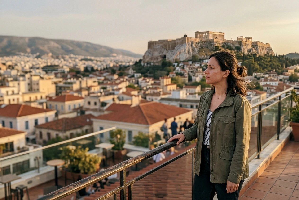 Solo trip to Athens rooftop view of the Acropolis