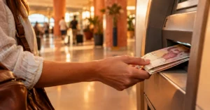 Traveler's hand withdrawing Moroccan dirham cash from an airport ATM in Marrakech instead of using the currency exchange counter