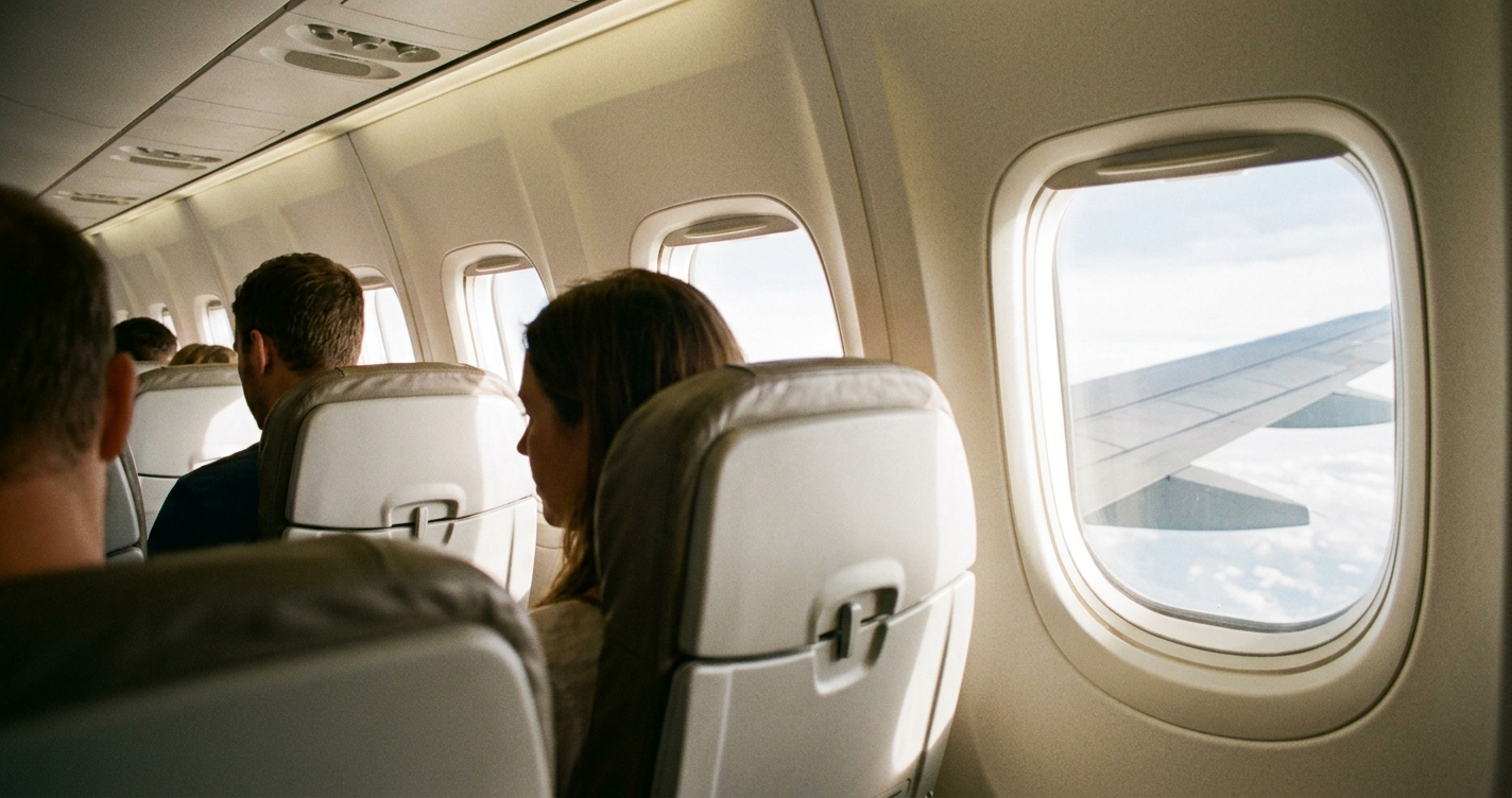 View from an airplane window seat looking past the row toward the wing outside during a daytime flight