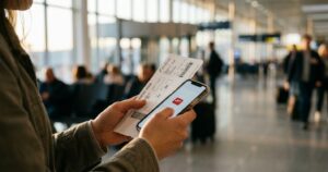 Woman checking her phone for flight status update after her flight gets delayed or cancelled at the airport