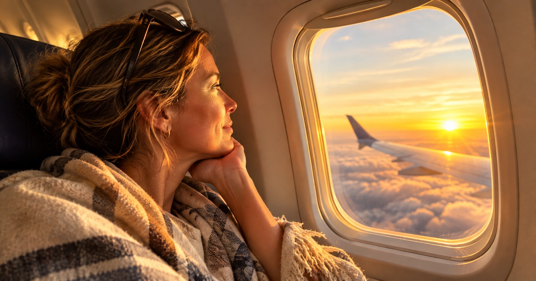Woman looking out an airplane window at sunrise, trying to avoid jet lag with light exposure