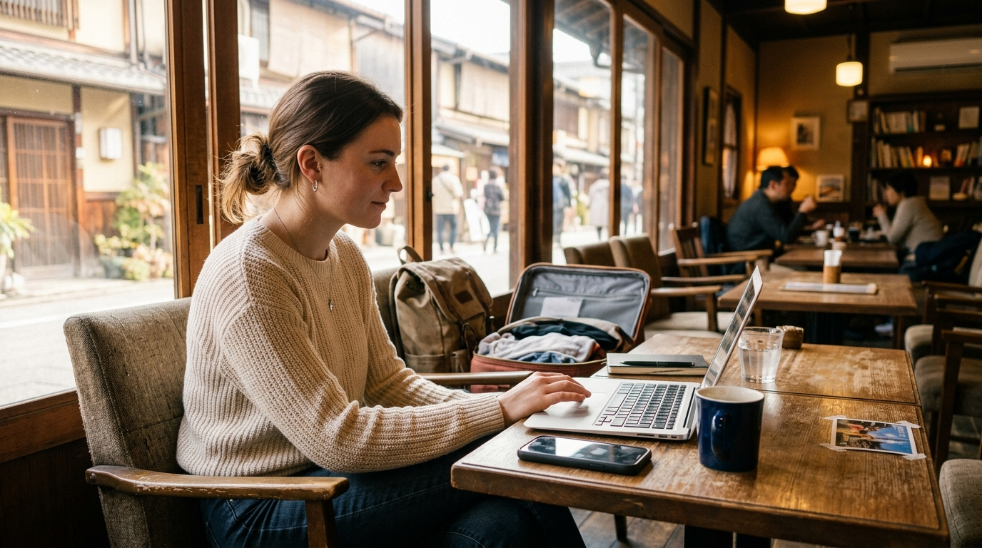 Woman working on laptop in a hotel room, staying safe on public wifi while traveling